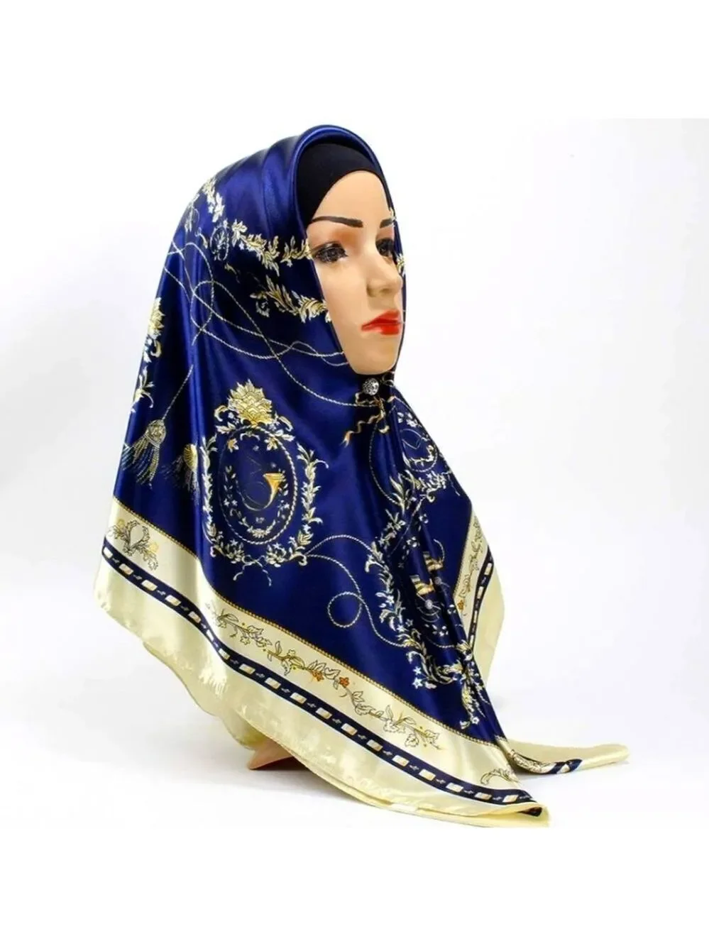 Scarf Headwraps for Women Silk Scarf Navy Satin Print 35 x 35